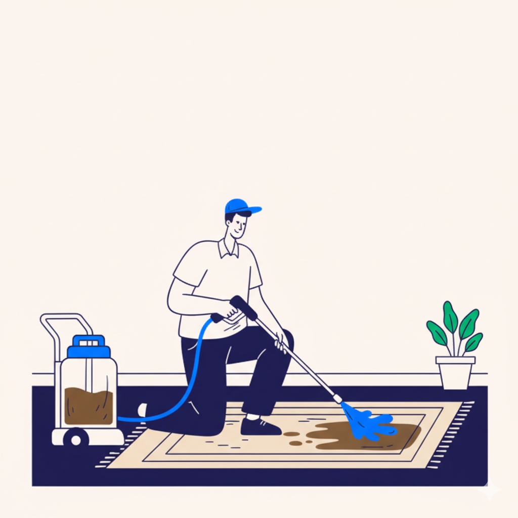 Person using a carpet cleaning machine on a rug in a room with a potted plant.