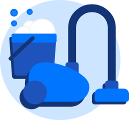 A vacuum cleaner and a bucket with a mop in front of a light blue background.