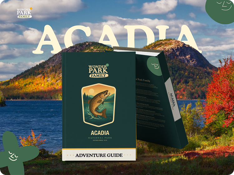Adventure guide for Acadia National Park with a scenic mountain and lake background and trees with fall foliage.