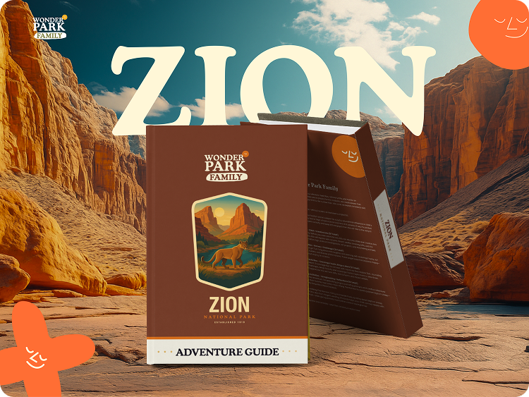 An adventure guidebook for Zion National Park, featuring a landscape with rocky formations and a lion, placed on a wooden surface with a backdrop of canyon cliffs and a partly cloudy sky.