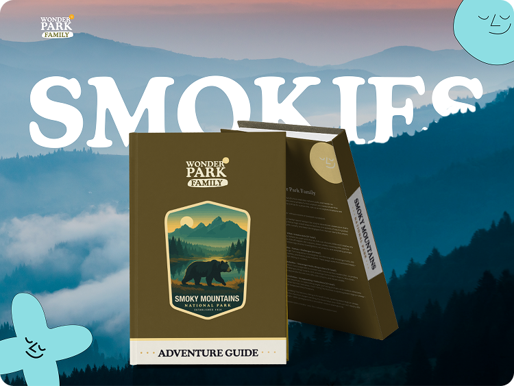 An adventure guide for Smoky Mountains National Park by Wonder Park Family, displayed with mountains and clouds in the background.
