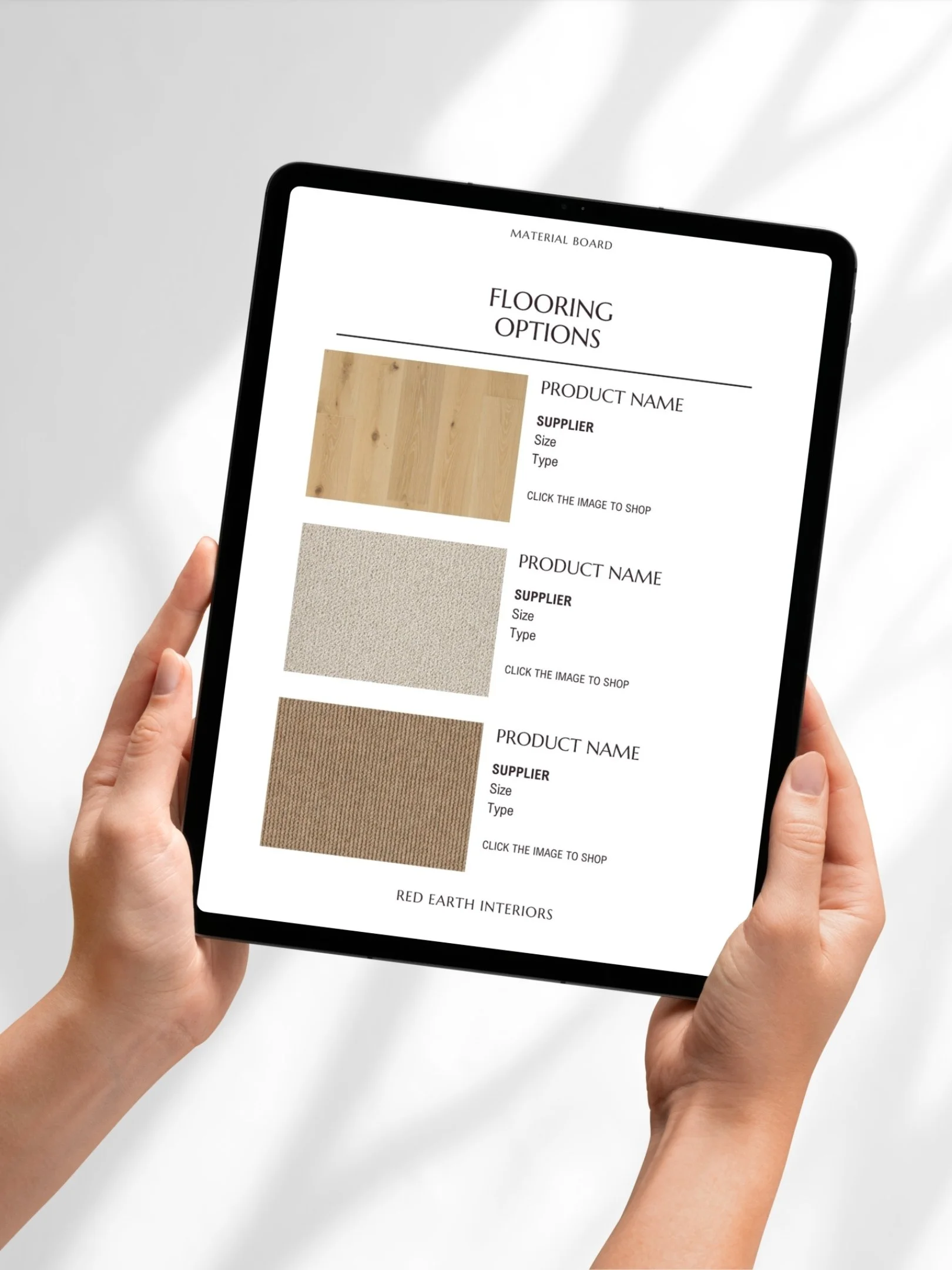 Tablet displaying flooring options with images of wood, carpet, and tile samples from Red Earth Interiors.