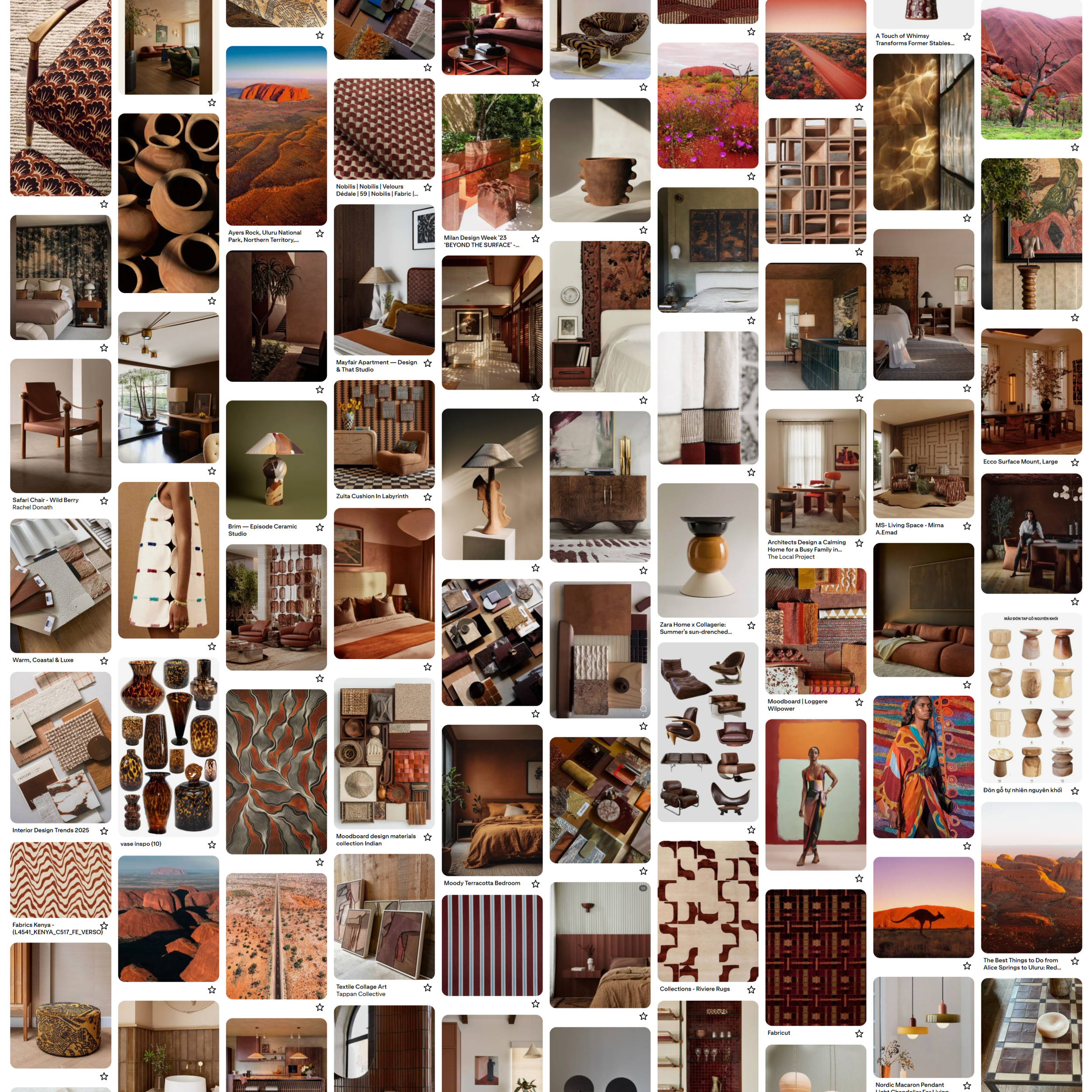 A collage of interior and landscape images with earthy tones, including furniture pieces, textiles, pottery, and desert landscapes featuring red rocks and sparse vegetation.