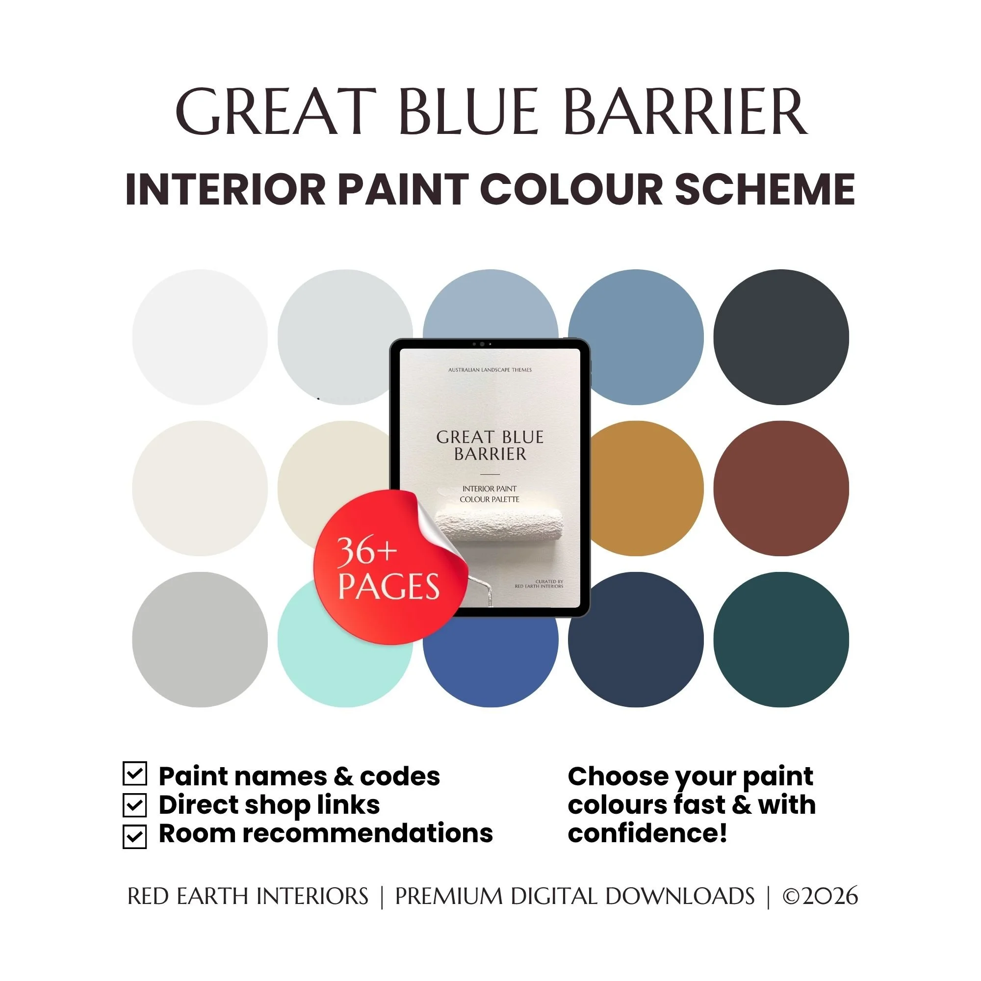 Color palette of interior paint shades arranged in a grid, with labels highlighting the 'Great Blue Barrier' paint scheme and details about a digital book with over 36 pages about interior paint colors, including paint names, codes, shop links, and room recommendations.