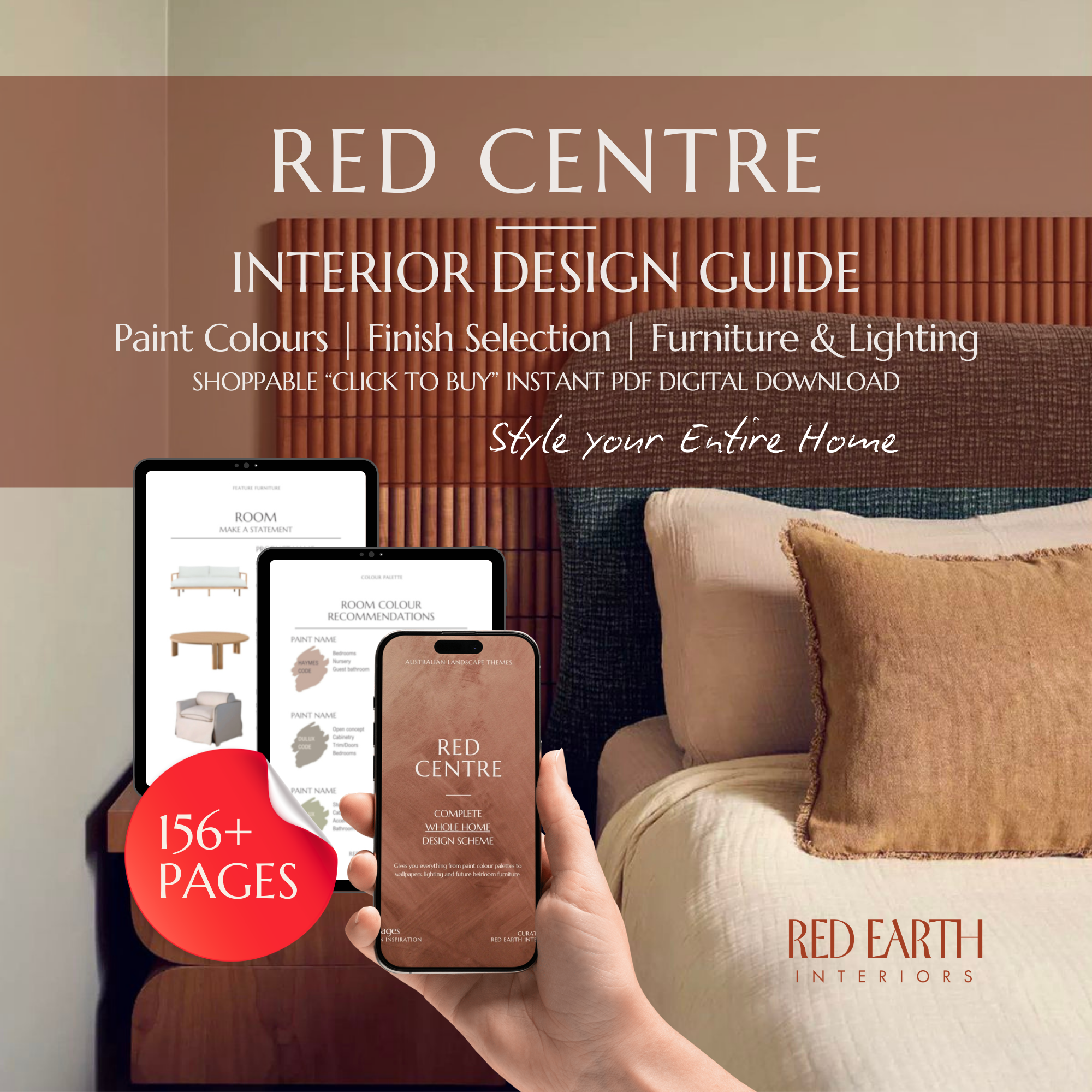 Interior design guide cover titled 'Red Centre Interior Design Guide' featuring a person holding a smartphone displaying the cover of the guide, with digital tablets showing furniture and colour palettes, and a bed with pillows in the background.