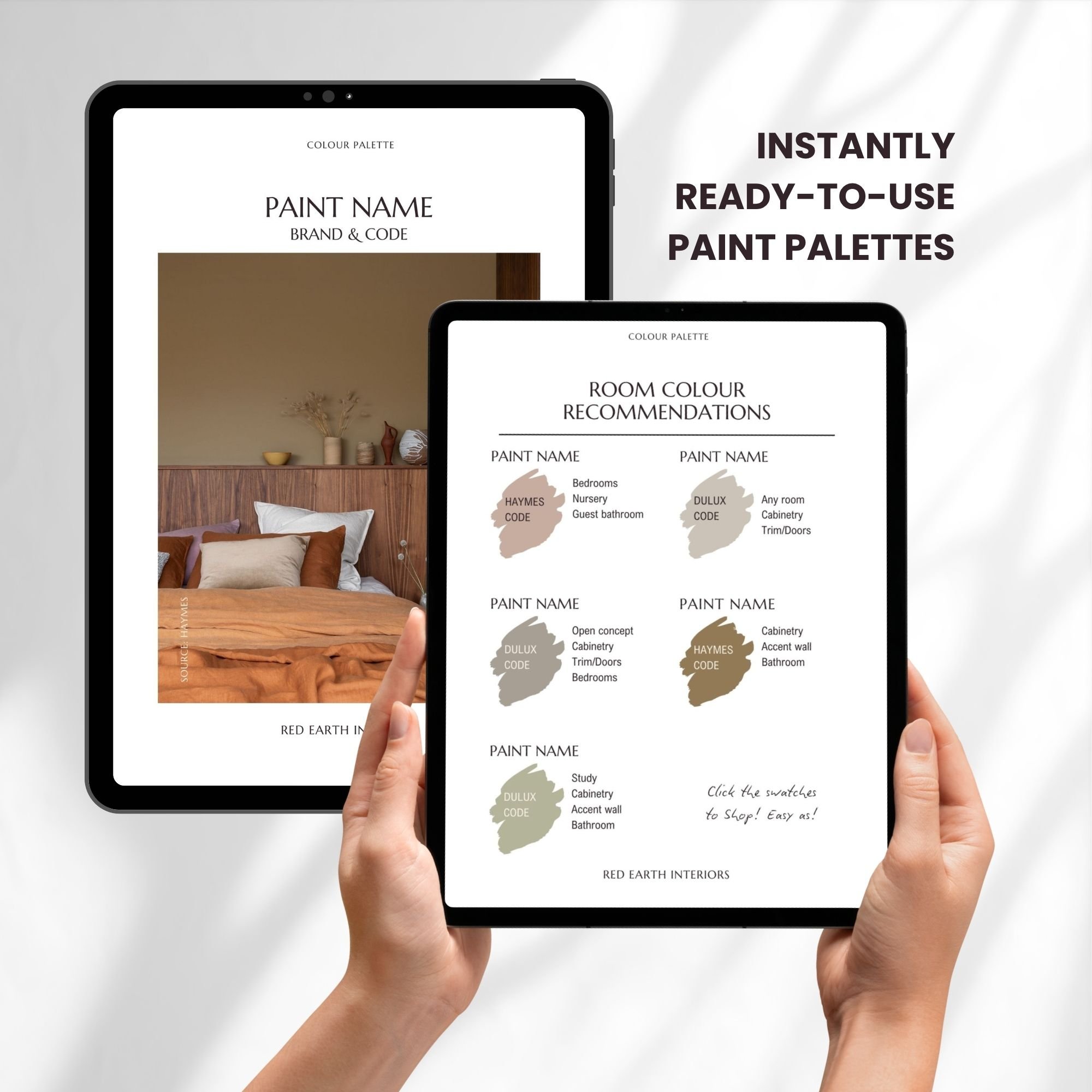 Two digital tablets displaying color palettes for interior design, with a hand holding one device showing room color recommendations and another displaying a bedroom decor image, with text indicating ready-to-use paint palettes.