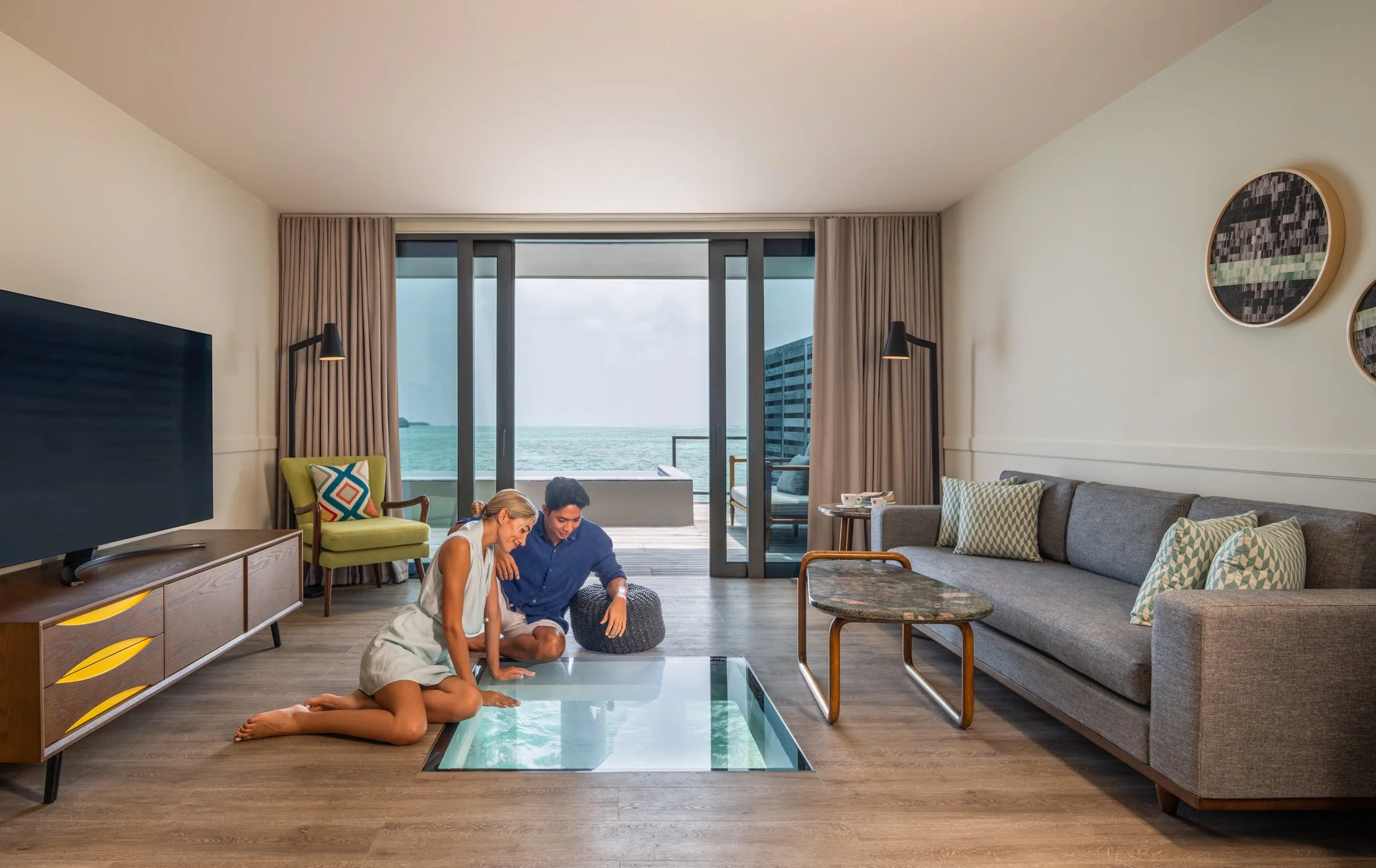 Two Bedroom Overwater Pool Villa - Living Room with Glass Floor
