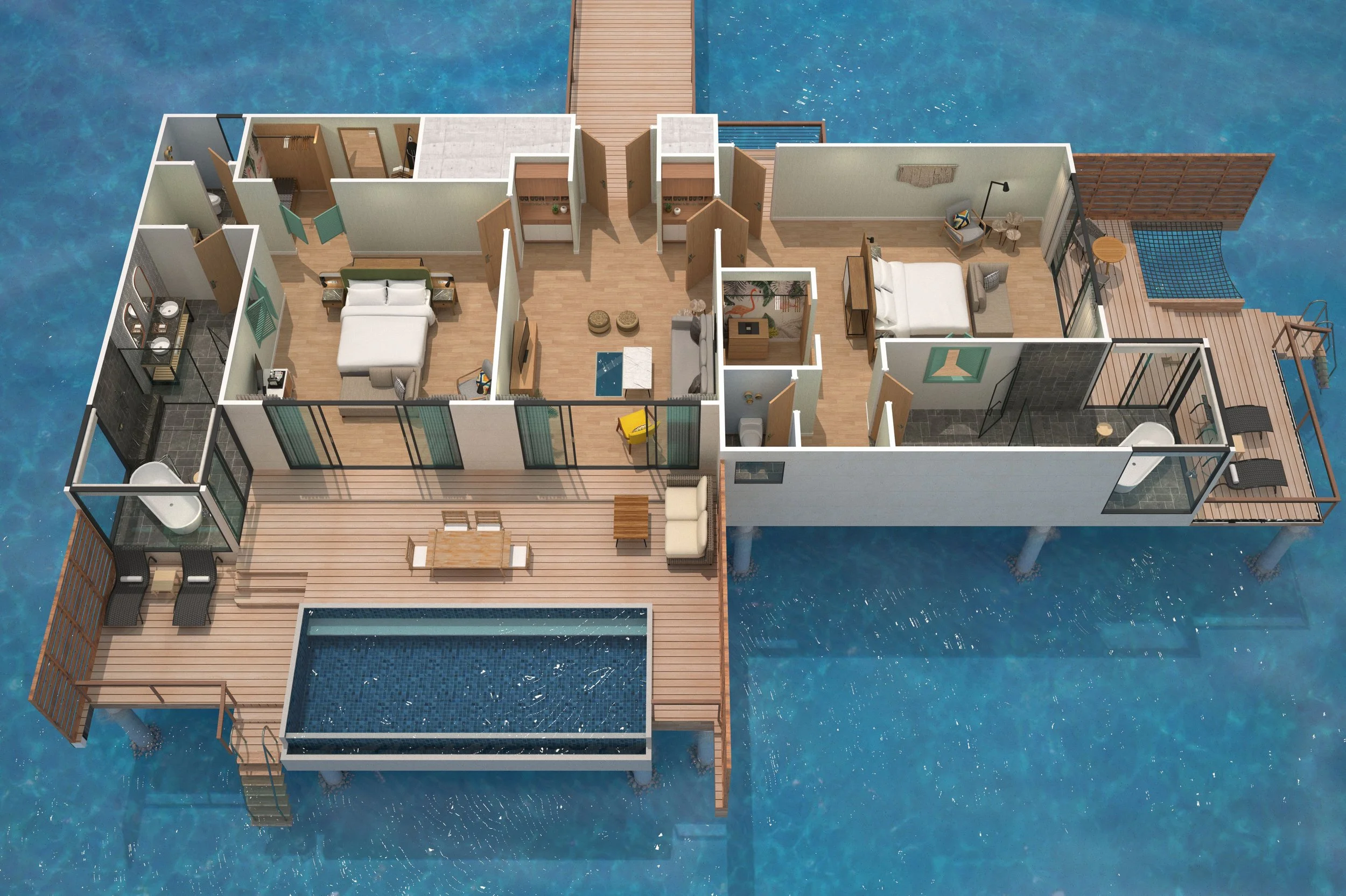 Two Bedroom Overwater Villa with Pool - Floor Plan