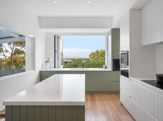 Saxon Kitchen

Cabinetry - VJ profile
Laminex Bayleaf
Tap - ABI Interiors
Sink - Turner and Hastings NOVI
Stone - Caeserstone Empire white