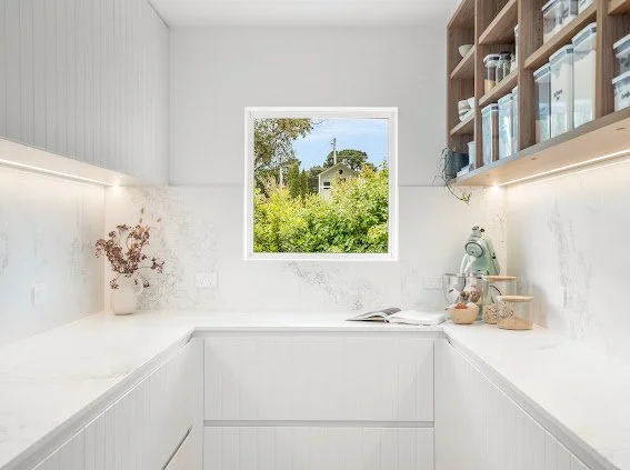 Saxon Pantry

Flooring - Karndean Korlock 'warm ash'
Cabinetry - VJ profile
Stone - Caeserstone Empire white
Shelving -Polytec - Prime oak