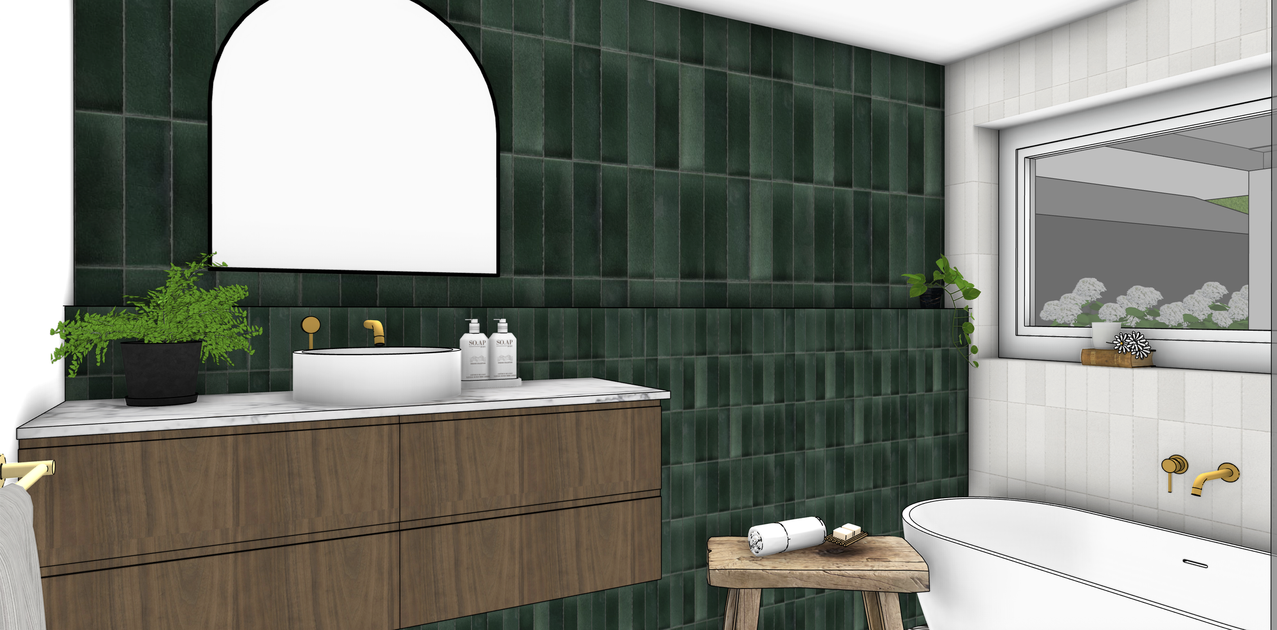 Axiom Cottage Bathroom

Green Tiles - National Tiles Poloma Gloss
Black and White - Rossetto Tiles 
Mirror - RJ Living 
Sink - Nood Co
Tapware - ABI Interiors
Bath - Reece Kado Pettit 
Vanity - Laminex Walnut made to measure
Stone Bench - Silestone
S