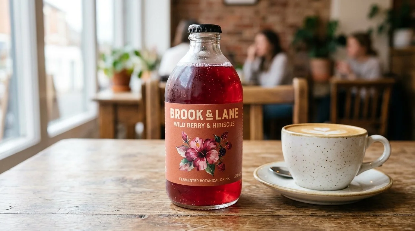 Two bottles of organic kombucha probiotic drinks, one in a green can labeled 'Sparkling Apple & Lemon' and one in a clear plastic bottle labeled 'Sparkling Ginger & Lemon,' sit on a wooden surface with a brick wall and sink in the background.
