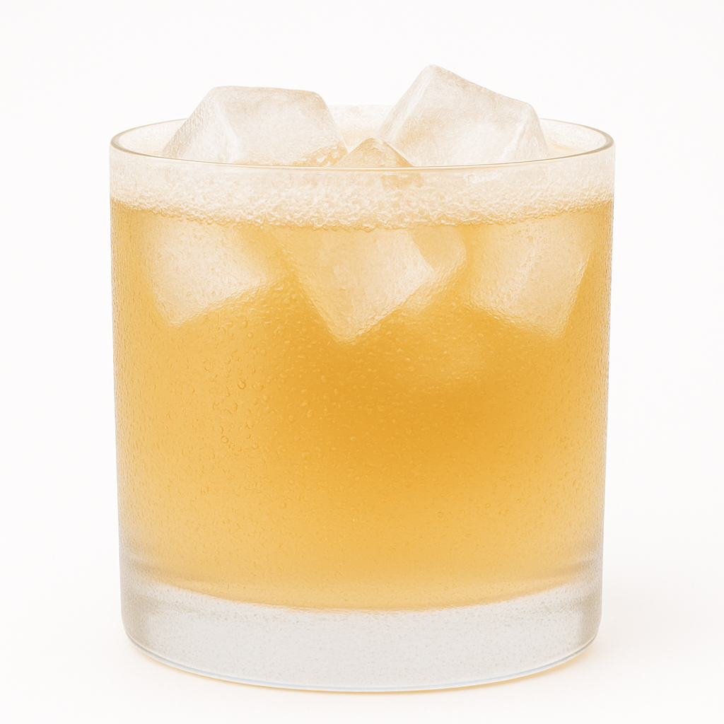 A glass of iced kombucha with ice cubes.