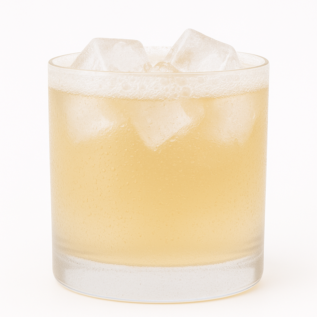 A glass of pale yellow kombucha with ice cubes on a white background.