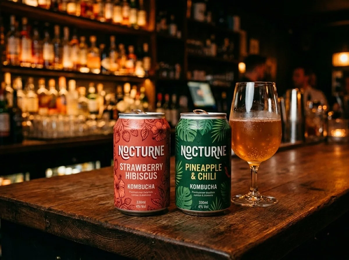 Two cans of vitamin water, one flavored with mango & orange on the left and the other with apple & pear on the right, placed on a wooden table outdoors with a blurred garden background.