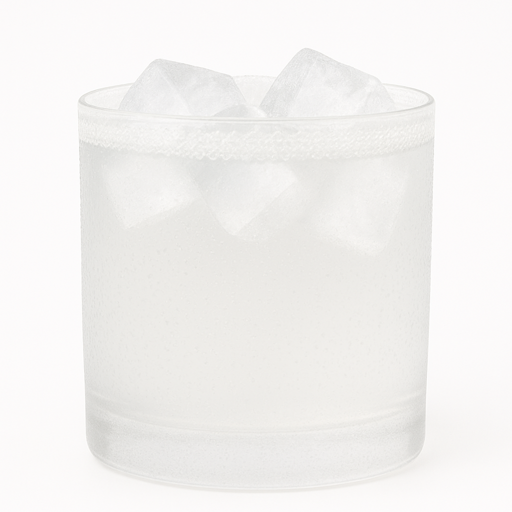 A glass of clear kombucha base liquid with ice cubes.
