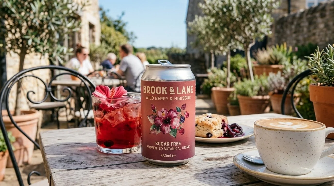 Two bottles of functional sparkling water with lemon and raspberry flavors placed on a white cloth, surrounded by half-cut lemons, raspberries, and mint leaves outdoors.