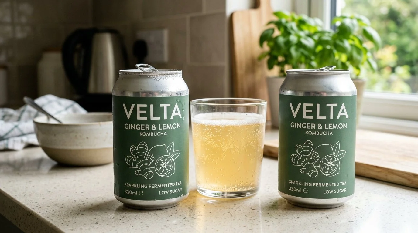 A can of Sparkling Live Soda in Sicilian Orange flavor with a blue and orange design on the label. In the background, there is a halved orange, and some apples and bananas on a wooden surface.