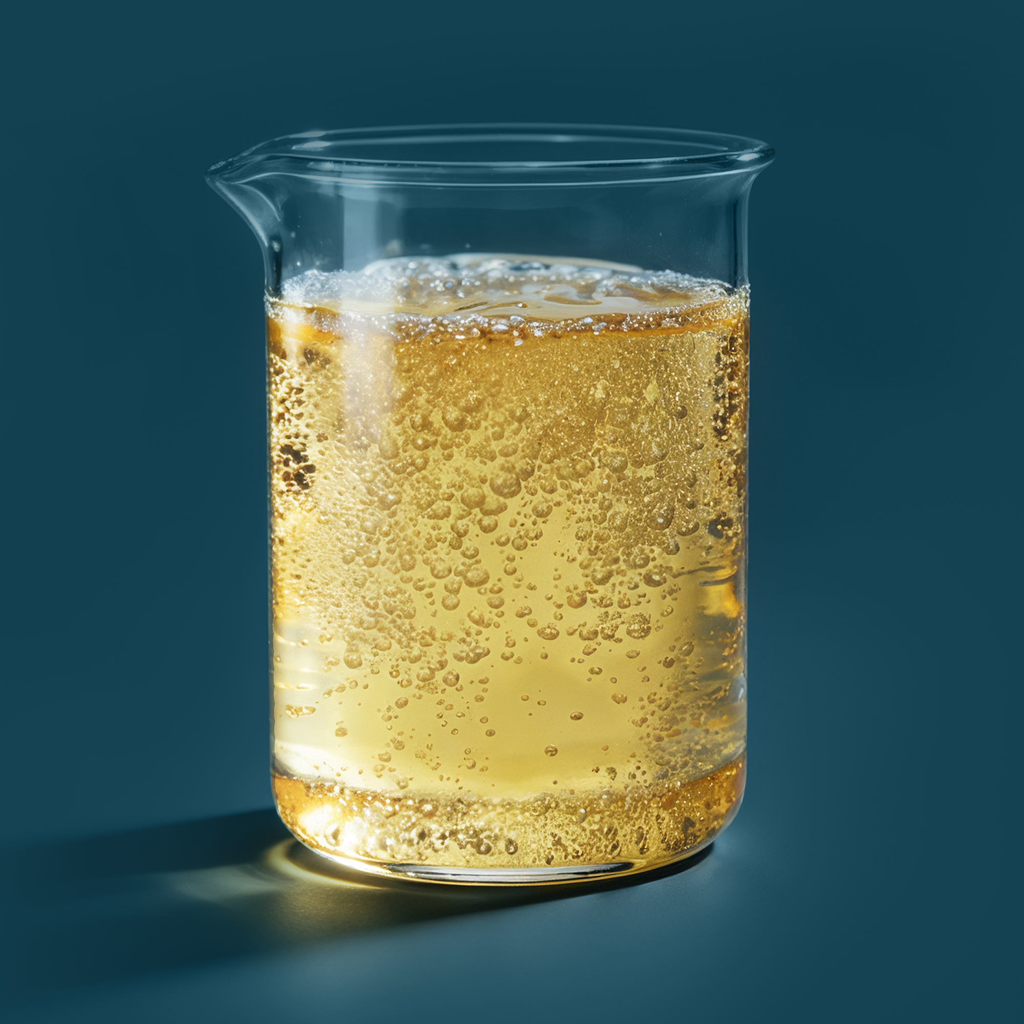 Cold kombucha in a glass with ice cubes, condensation on the outside.