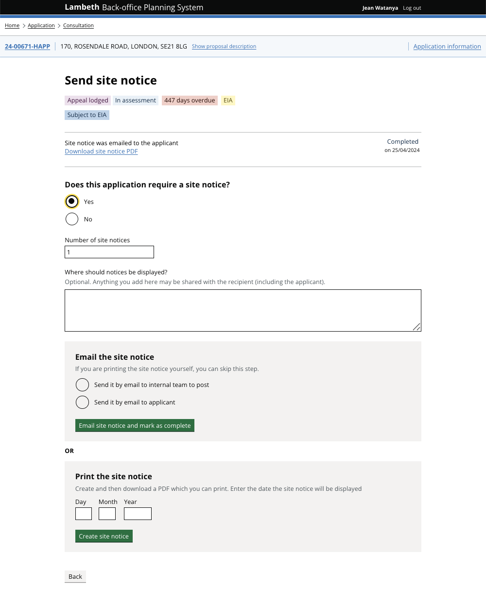 Task screening showing 'Send site notice' task. the first radio button is selected. This has revealed a new form section beneath the original two options.