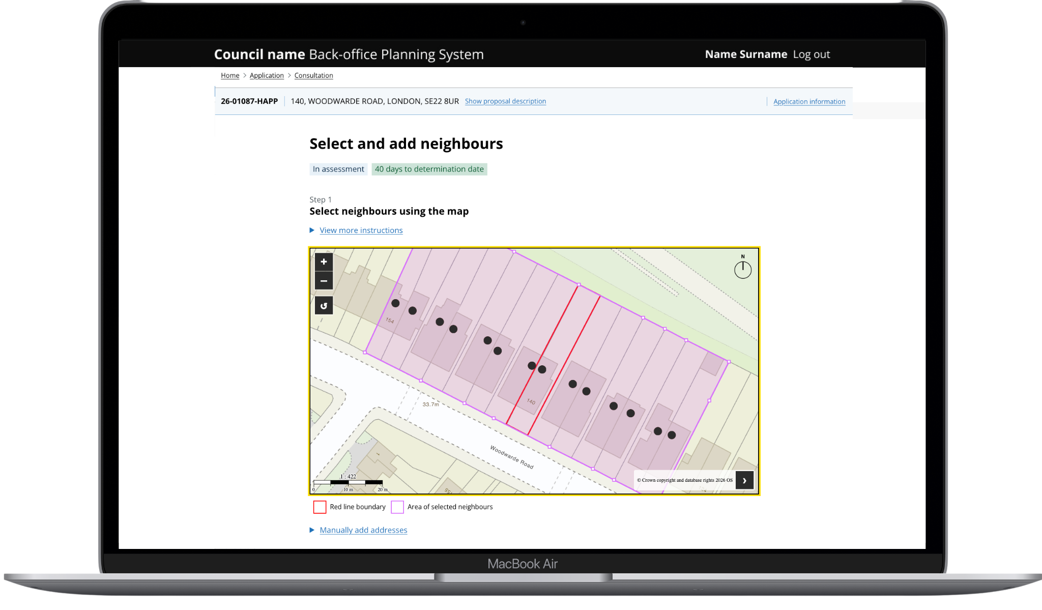 A desktop screen showing a digital map of houses along a street. Title: select and add neighbours.