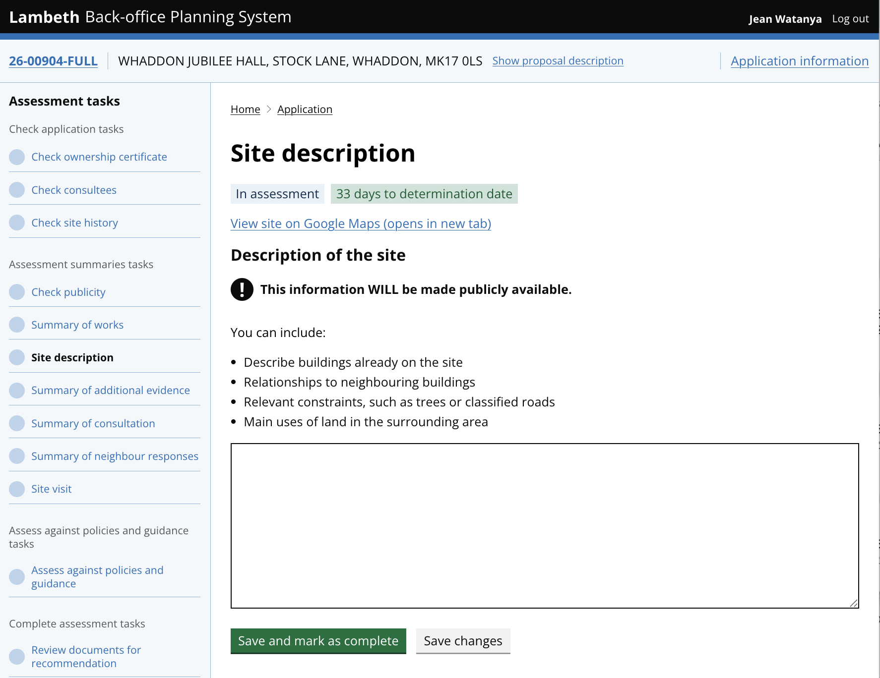 A task page showing a green 'Save and mark as complete' button beside a grey 'Save changes' button. In the sidebar navigation the 'site description' task is highlighted.