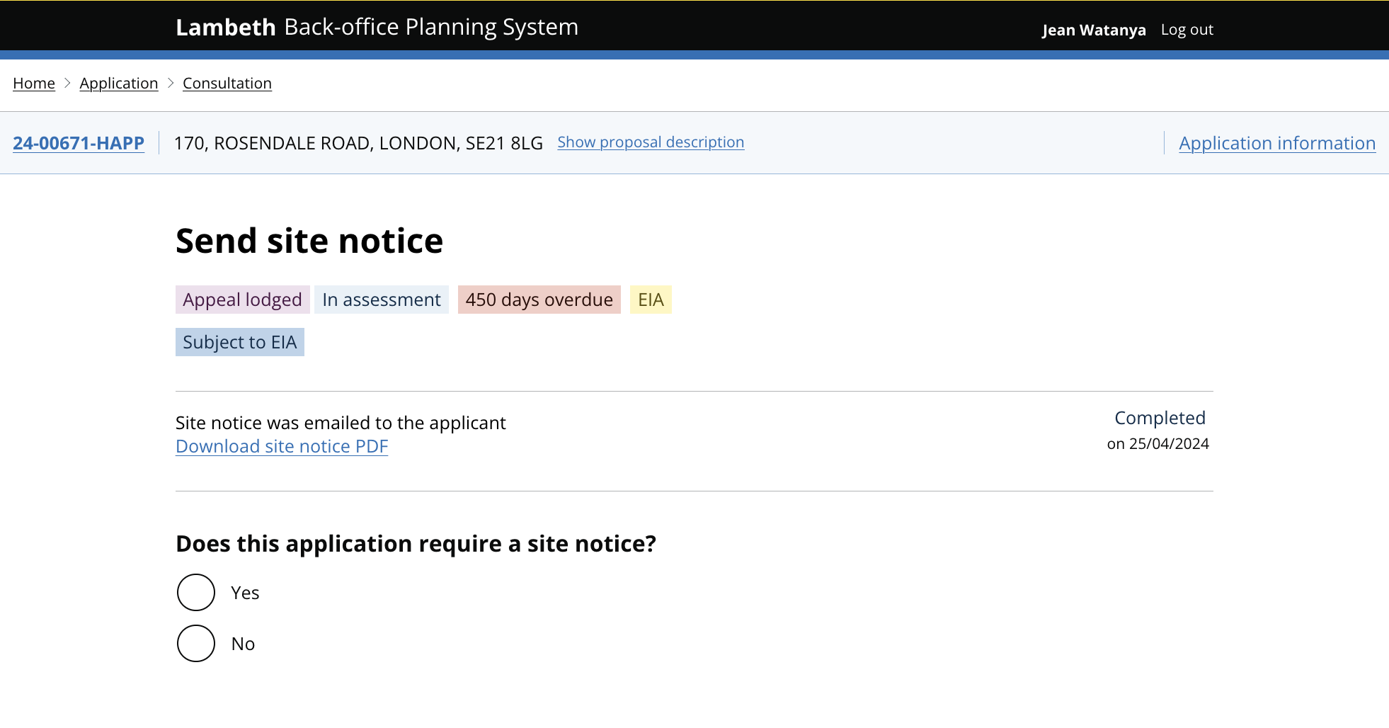 Task screen showing the 'Send site notice' task with option to select one of two radio buttons.