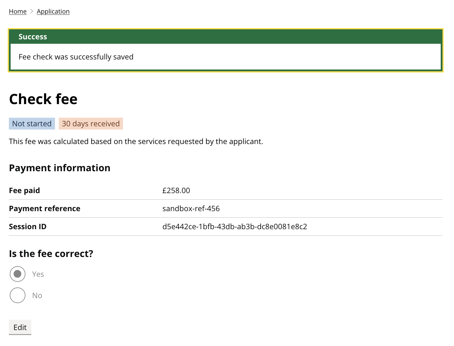 Screenshot of a task to 'Check the fee' for a planning application. At the top of the screen is a green and white banner stating 'Success: Fee check was successfully saved.'