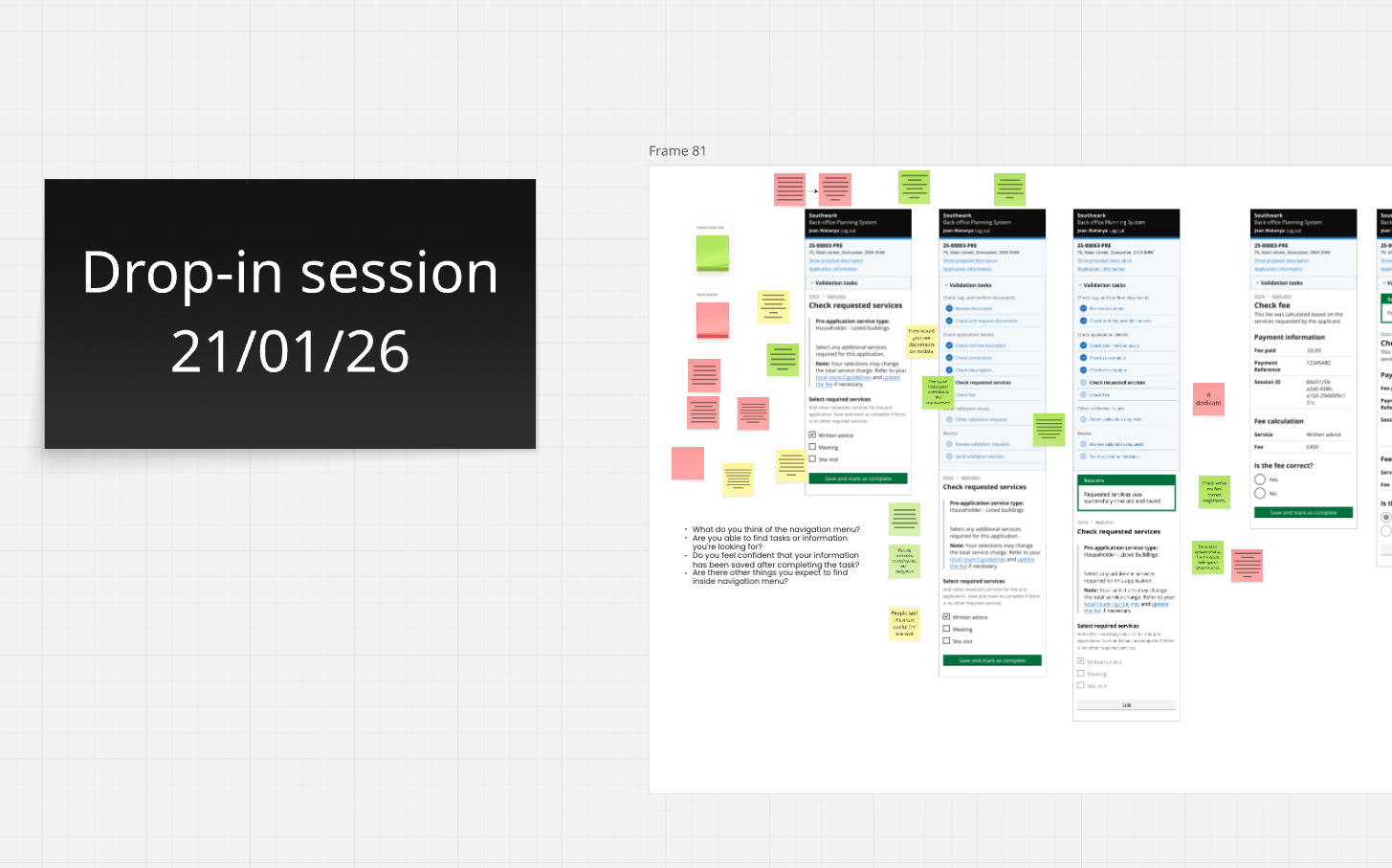 A Miro board showing the title 'Drop in session 21/01/26' . Next to this are some examples of mobile designs for BOPS. Sticky notes sit around these images, showing comments on the designs.