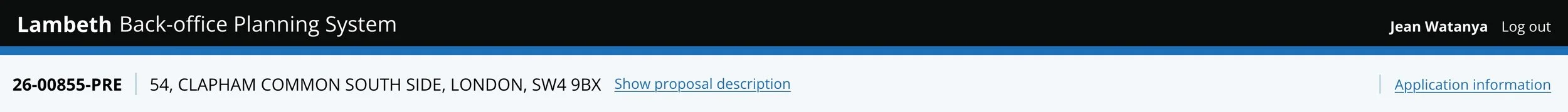 A horizonal bar at the top of the screen, sitting underneath the title bar. The bar includes case reference number, site address, link to proposal description and link to application information.