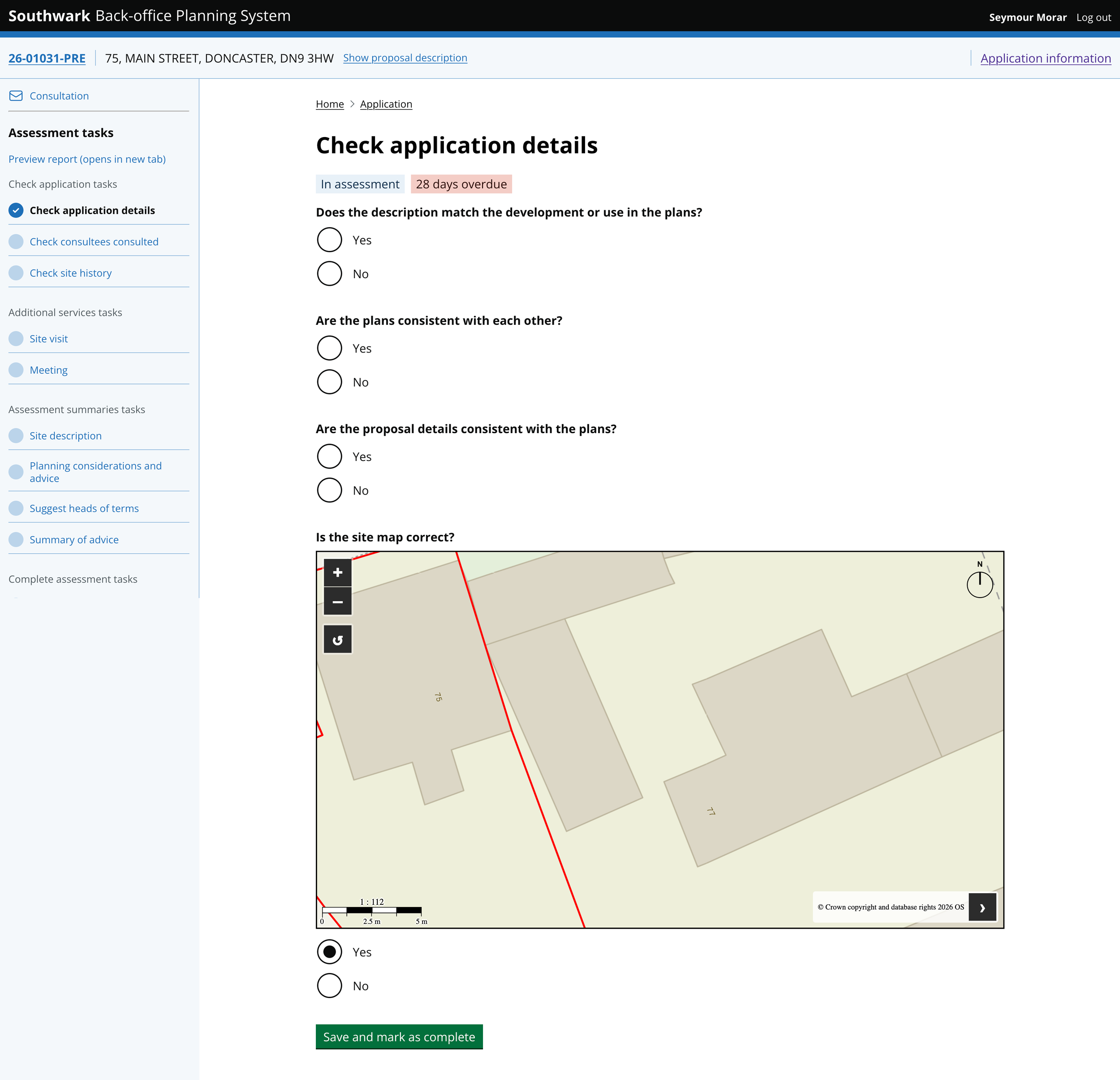 A screen showing a list of tasks in a left hand side bar. The main part of the screen is showing a task header 'Check application details'. This is followed by a series of questions and a map.