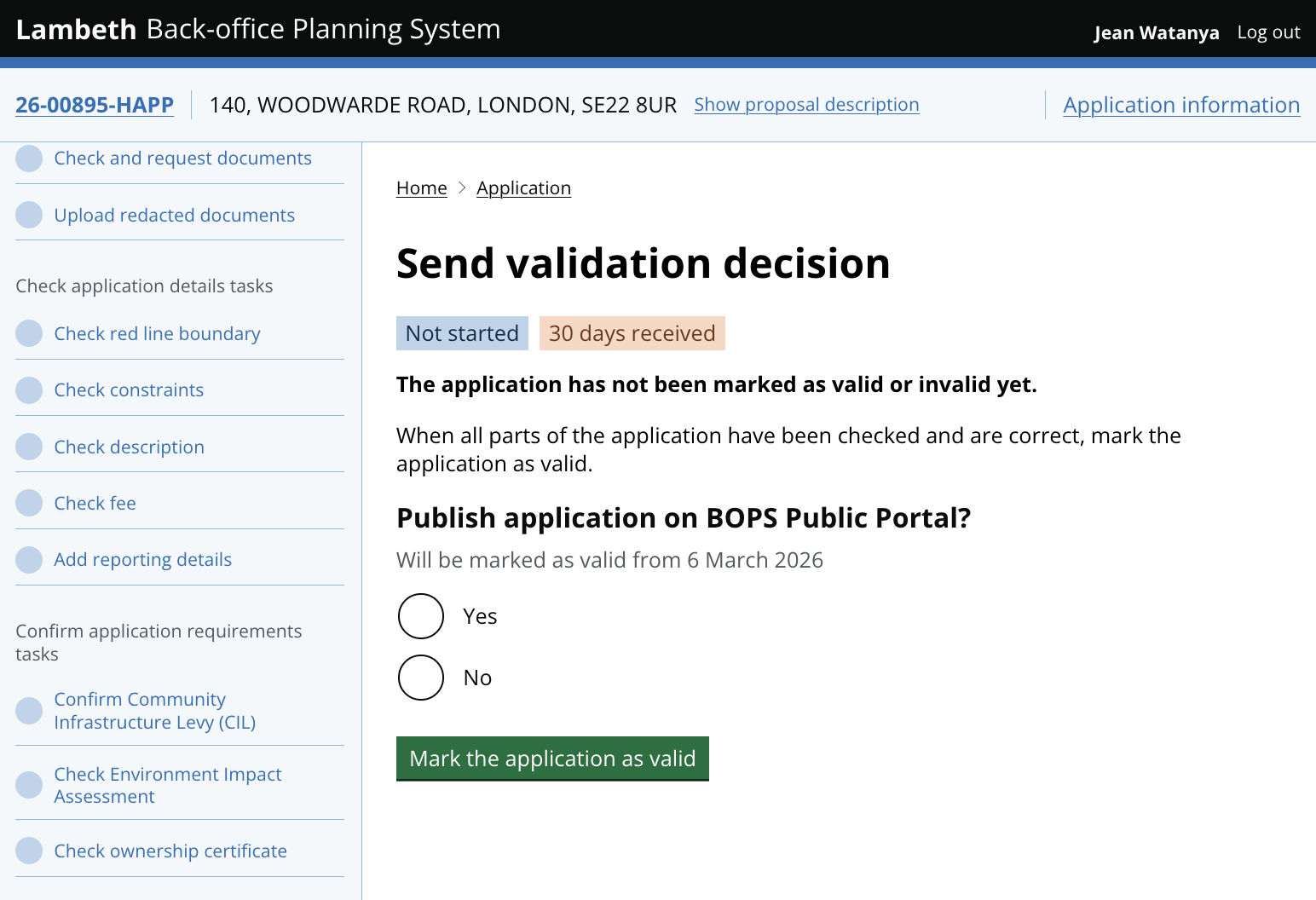 A task from the back office planning system showing a green button - 'Mark the application as valid'. The task is called 'Send validation decision.'