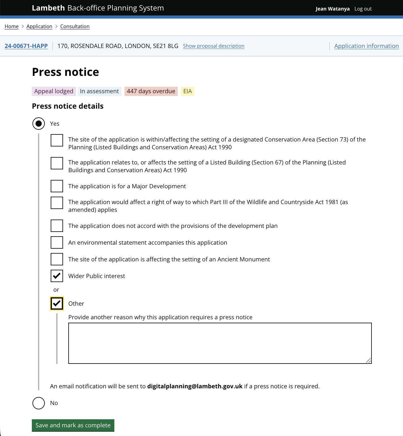 A task screen in BOPS title 'press notice.' A radio button is selected, causing a new list of check box options to appear below.