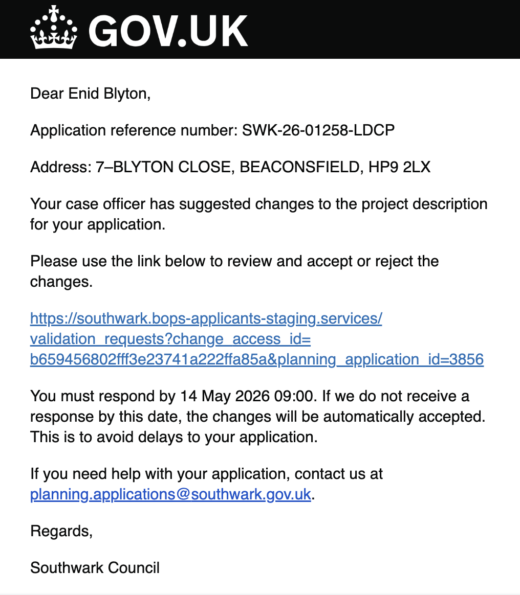 An example of the email generated by the system when an officer sends a request to an applicant. The email contains a link, a reference number, the site address and some explanation of what they need to do.