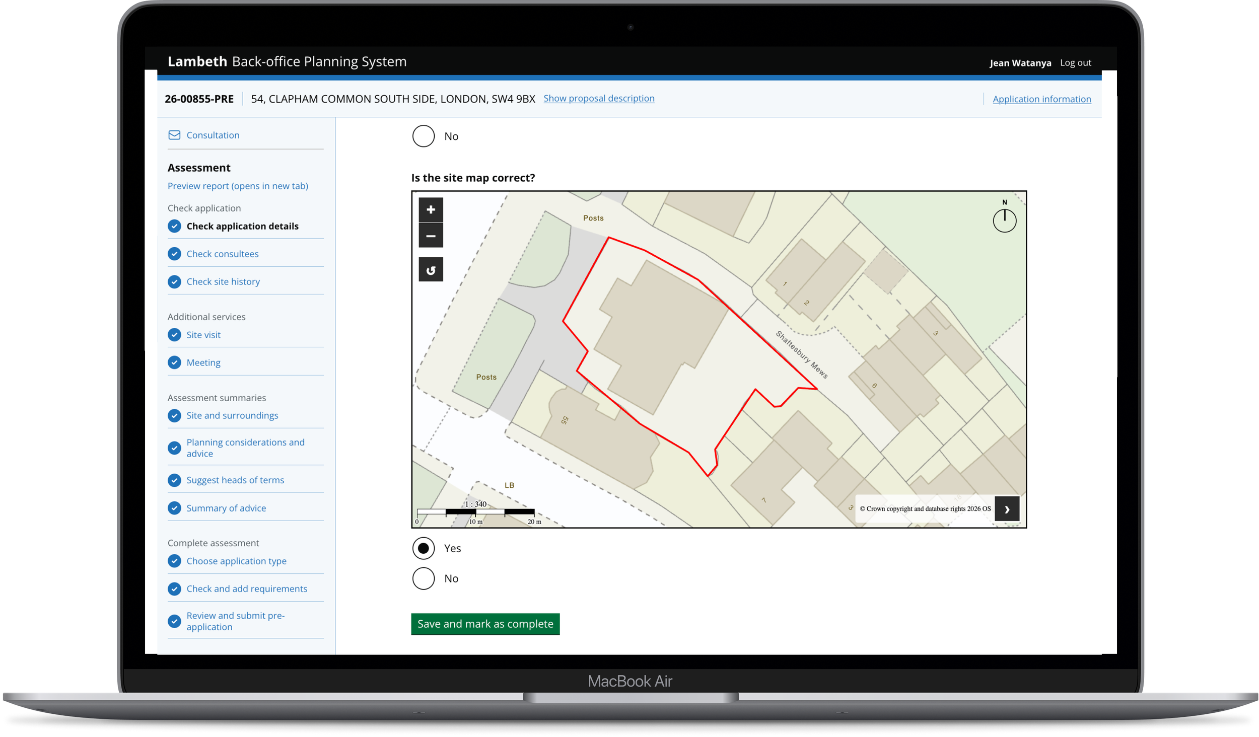 A digital map with a red line boundary showing the site location. On the left hand side of the screen, a list of headers shows the different tasks a planning officer can work through.