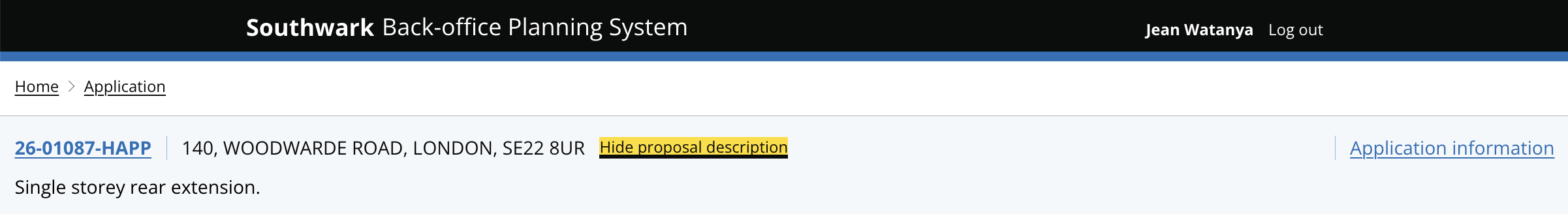 A case header bar showing reference number, site address and expanded proposal description - 'single storey rear extension.'
