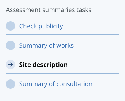 A snippet of the sidebar navigation showing a list of tasks. The current task is highlighted - 'site description.'
