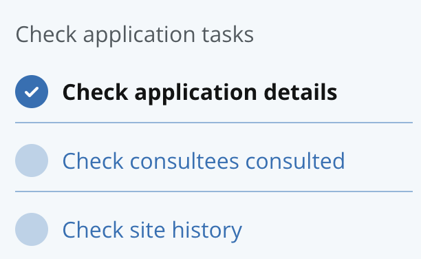 A list of three actions. The first is marked with a white tick in a blue circle. The other two do not show a tick, only an empty pale blue circle.