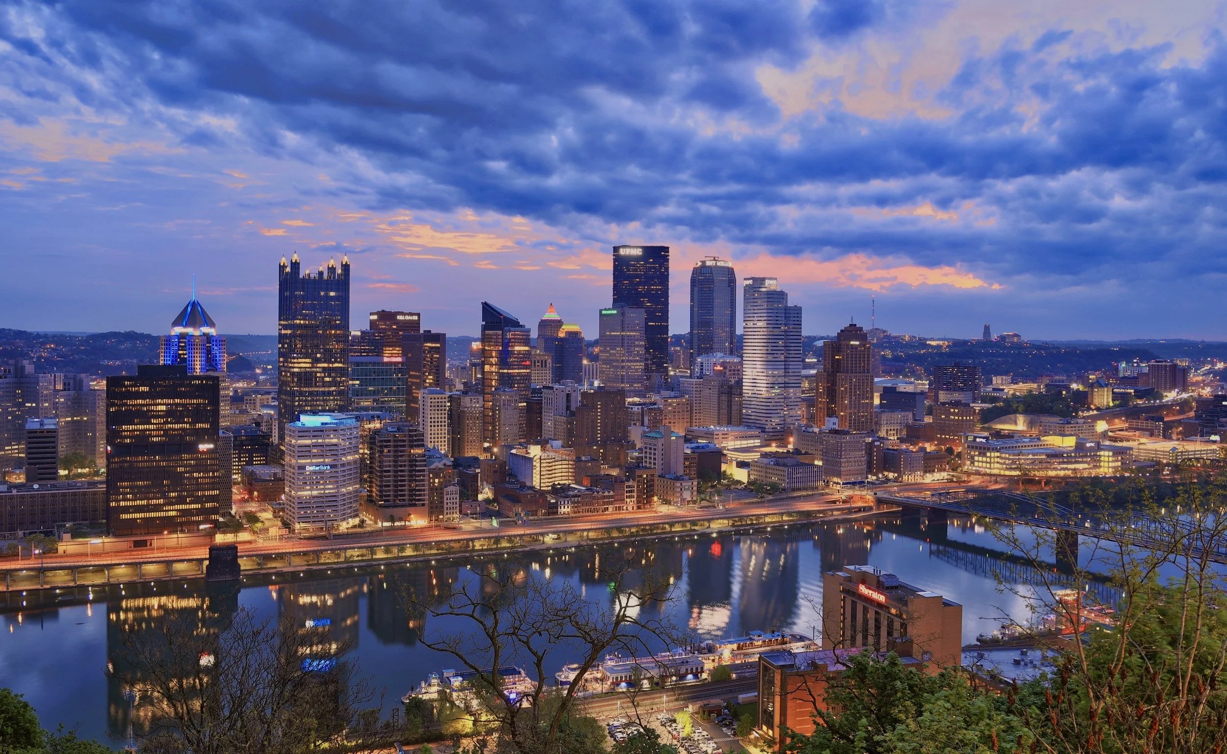 Skyline of downtown Pittsburgh during sunrise.
