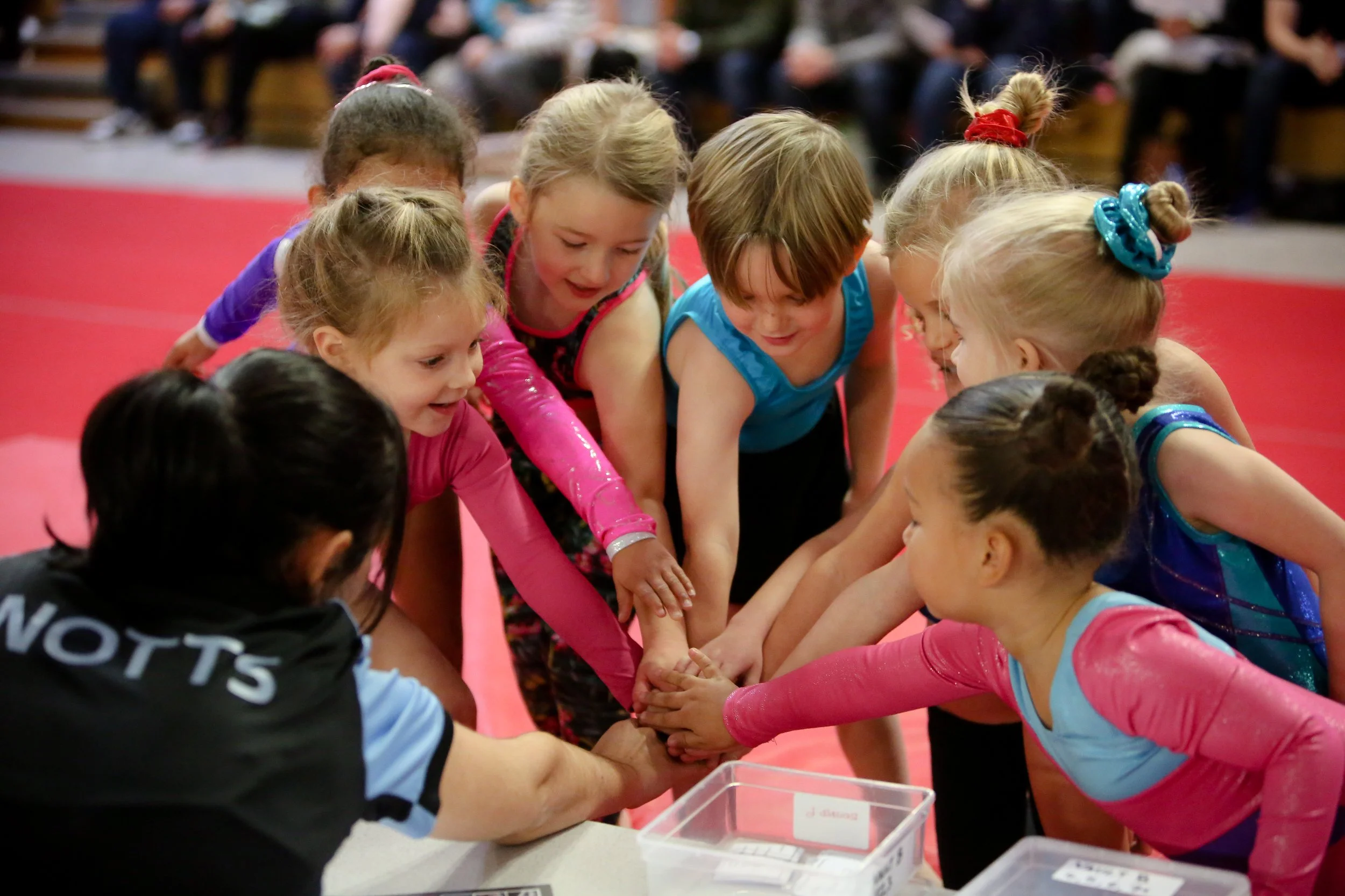 Group of young female gymnasts in colorful leotards huddled together with hands stacked in the center.