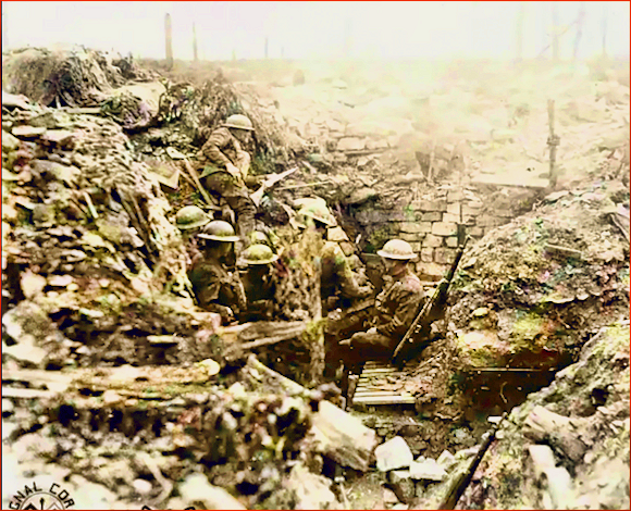 World War I soldiers in a trench, wearing helmets and military uniforms, with dirt and debris around them.