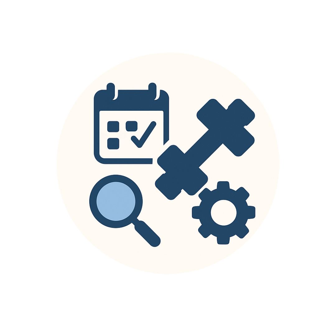 Icons for scheduling, search, settings, and learning