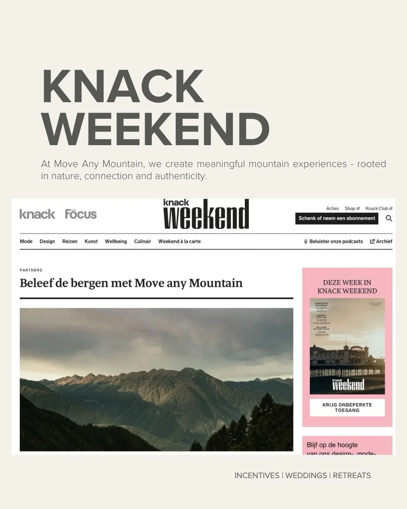 𝗣𝗿𝗼𝘂𝗱 𝘁𝗼 𝗽𝗮𝗿𝘁𝗻𝗲𝗿 𝘄𝗶𝘁𝗵 𝗸𝗻𝗮𝗰𝗸

At Move Any Mountain, we create meaningful mountain experiences - rooted in nature, connection and authenticity. 

In collaboration with @knackweekend , we share how the mountains become a place to 