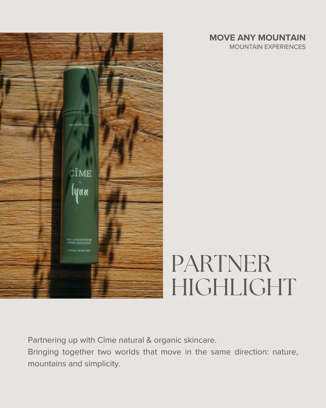 𝗣𝗮𝗿𝘁𝗻𝗲𝗿𝗶𝗻𝗴 𝘂𝗽 𝘄𝗶𝘁𝗵 𝗖&Icirc;𝗠𝗘 𝗻𝗮𝘁𝘂𝗿𝗮𝗹 &amp; 𝗼𝗿𝗴𝗮𝗻𝗶𝗰 𝘀𝗸𝗶𝗻𝗰𝗮𝗿𝗲
Bringing together two worlds that move in the same direction: nature, mountains and simplicity.

For our last retreat, we added extra value to the g