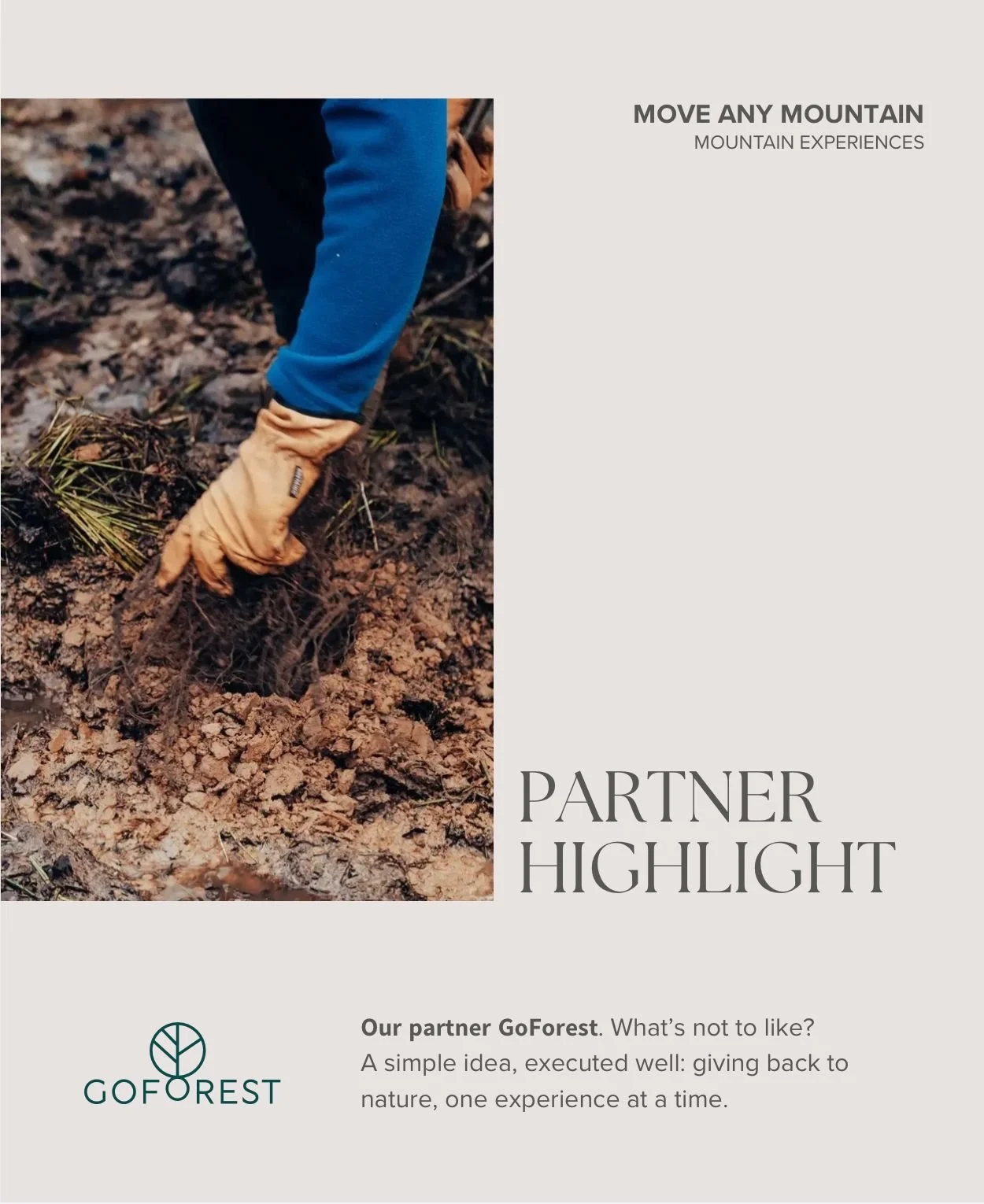 𝗢𝘂𝗿 𝗽𝗮𝗿𝘁𝗻𝗲𝗿 𝗚𝗼𝗙𝗼𝗿𝗲𝘀𝘁. What&rsquo;s not to like? 🌲

A simple idea, executed well: giving back to nature, one experience at a time.
At Move Any Mountain, the mountains give us everything. Space. Perspective. Energy.

So it only makes