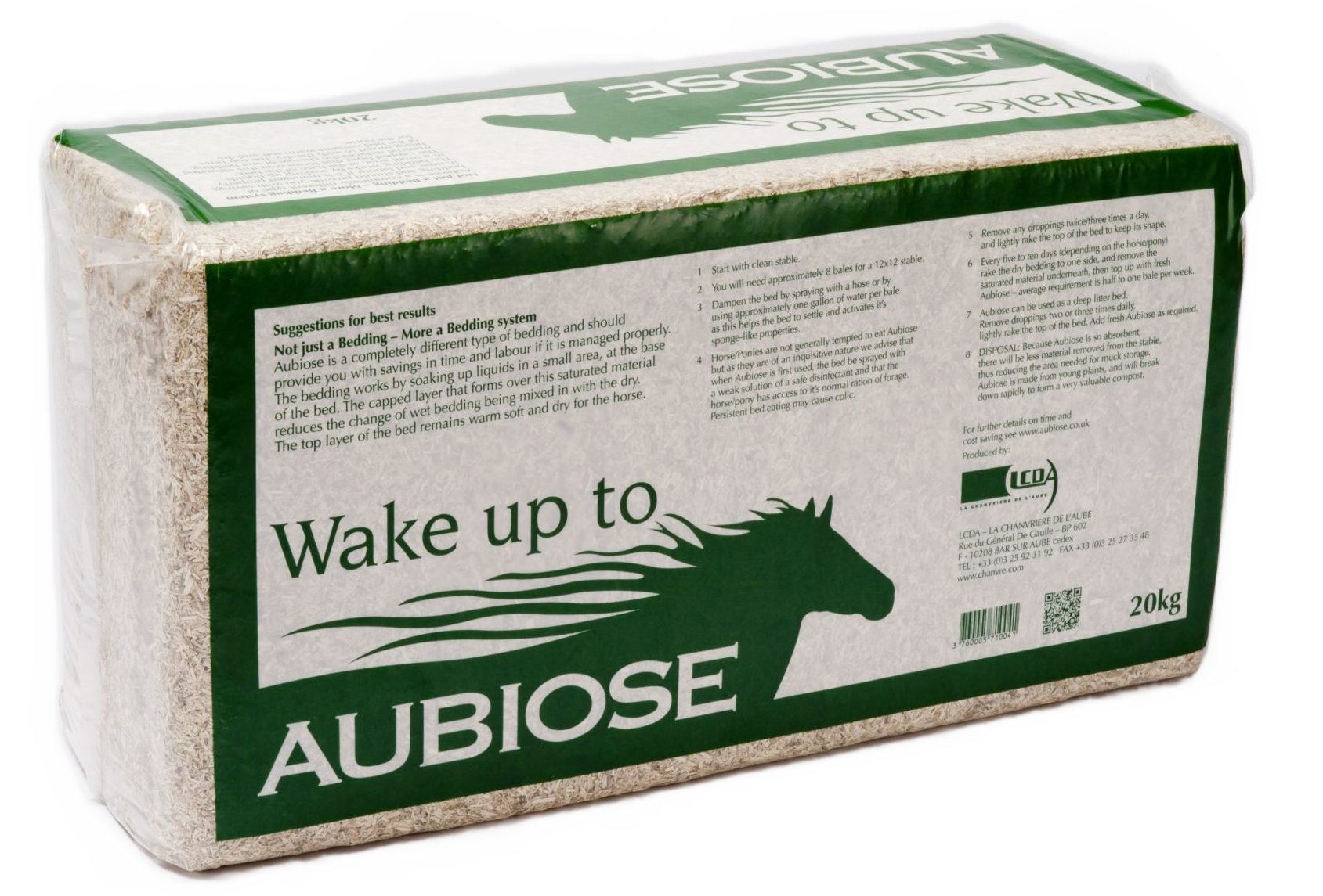 Paquete de 20 kg de AUBIOSE, lecho de cáñamo para caballos, con instrucciones y descripción de uso y un icono de un caballo corriendo con líneas de movimiento en el empaque.