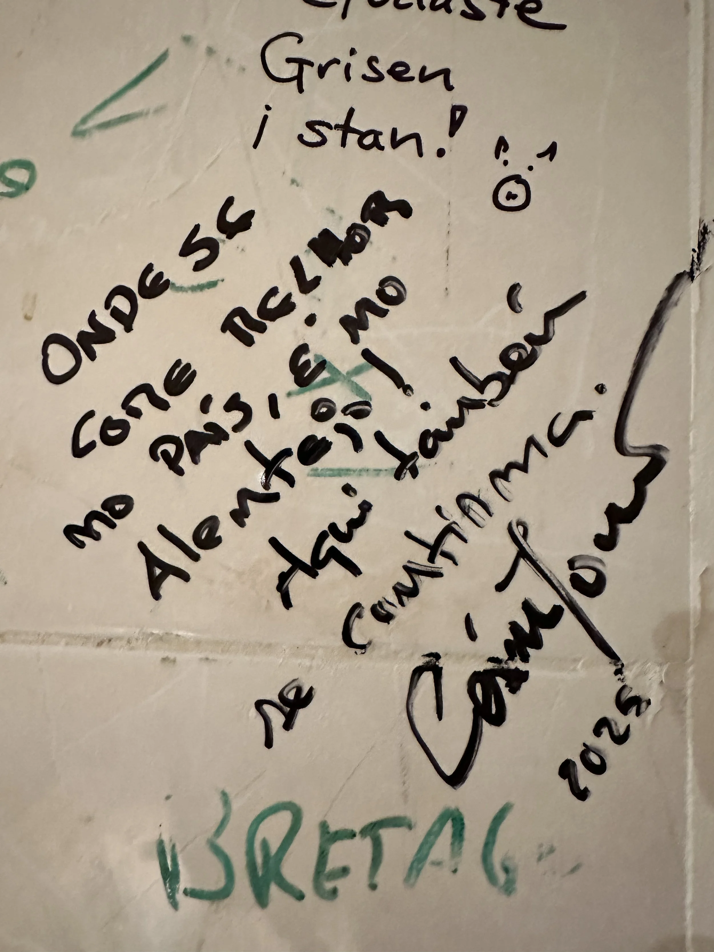 Handwritten notes and quotes in French and English, with doodles and signatures on a wall.