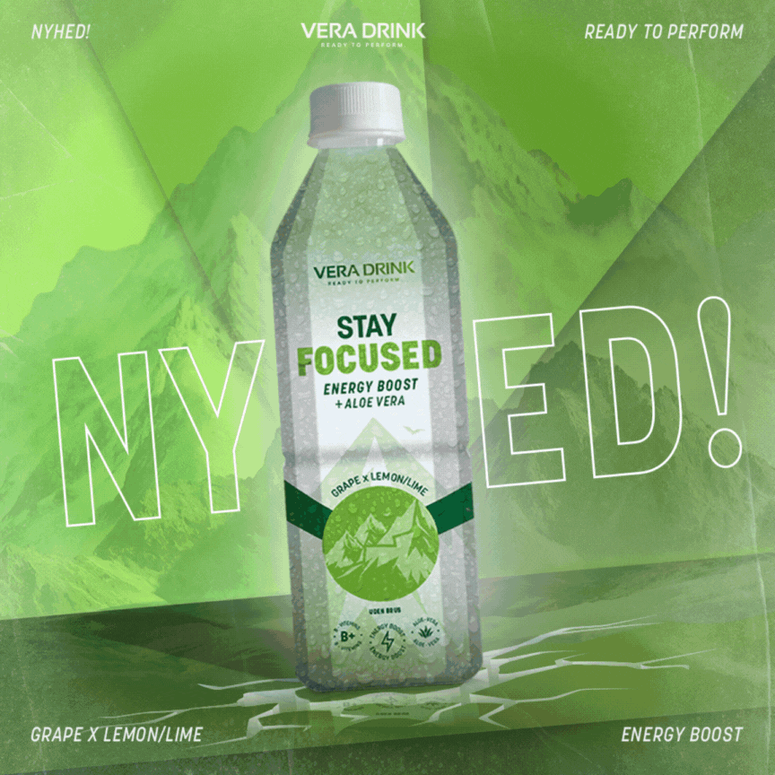 Emballagedesign for VeraDrink Stay Focused Aloe Vera drik – frisk og energisk visuel identitet skabt af Packly til sundheds- og drikkevaremarkedet.