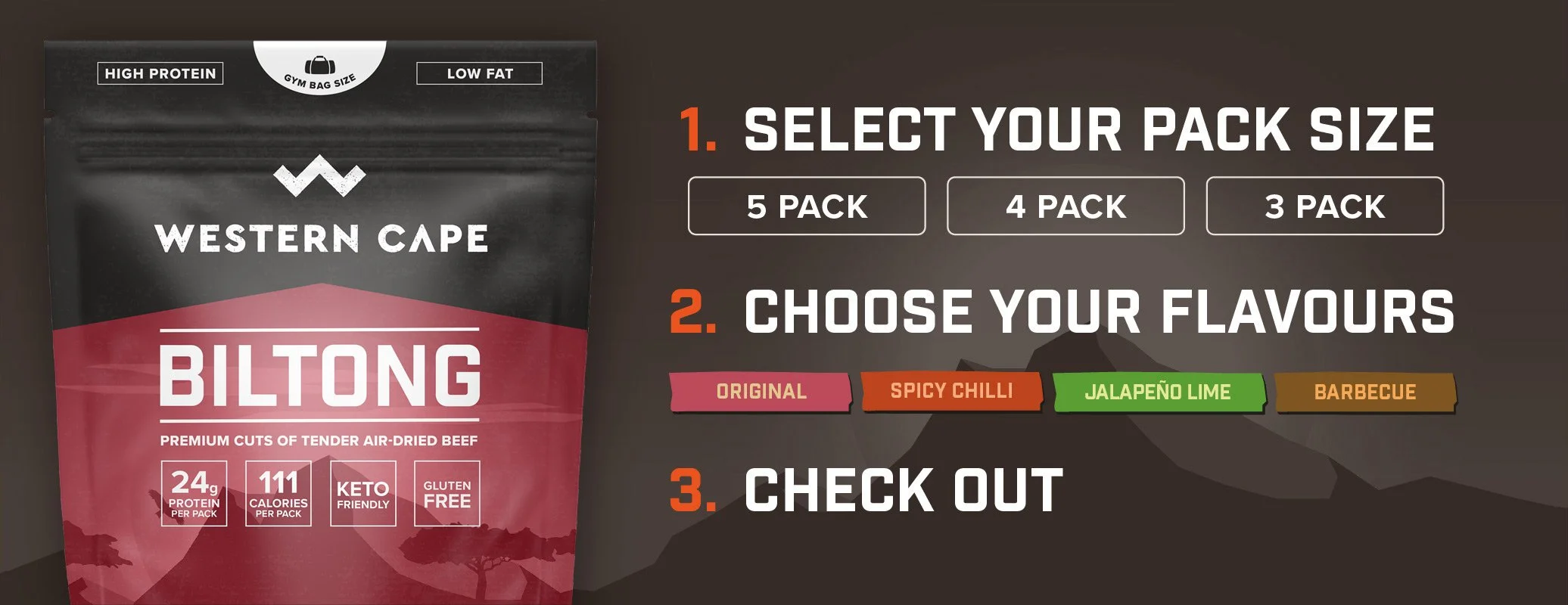 Instruction guide for choosing beef jerky packs with steps: 1. Select your pack size (5, 4, or 3 packs). 2. Choose your flavors (Original, Spicy Chilli, Jalapeño Lime, Barbecue). 3. Check out. The image shows a package of Western Cape Biltong beef jerky, highlighting high protein, low fat, keto friendly, and gluten free attributes.