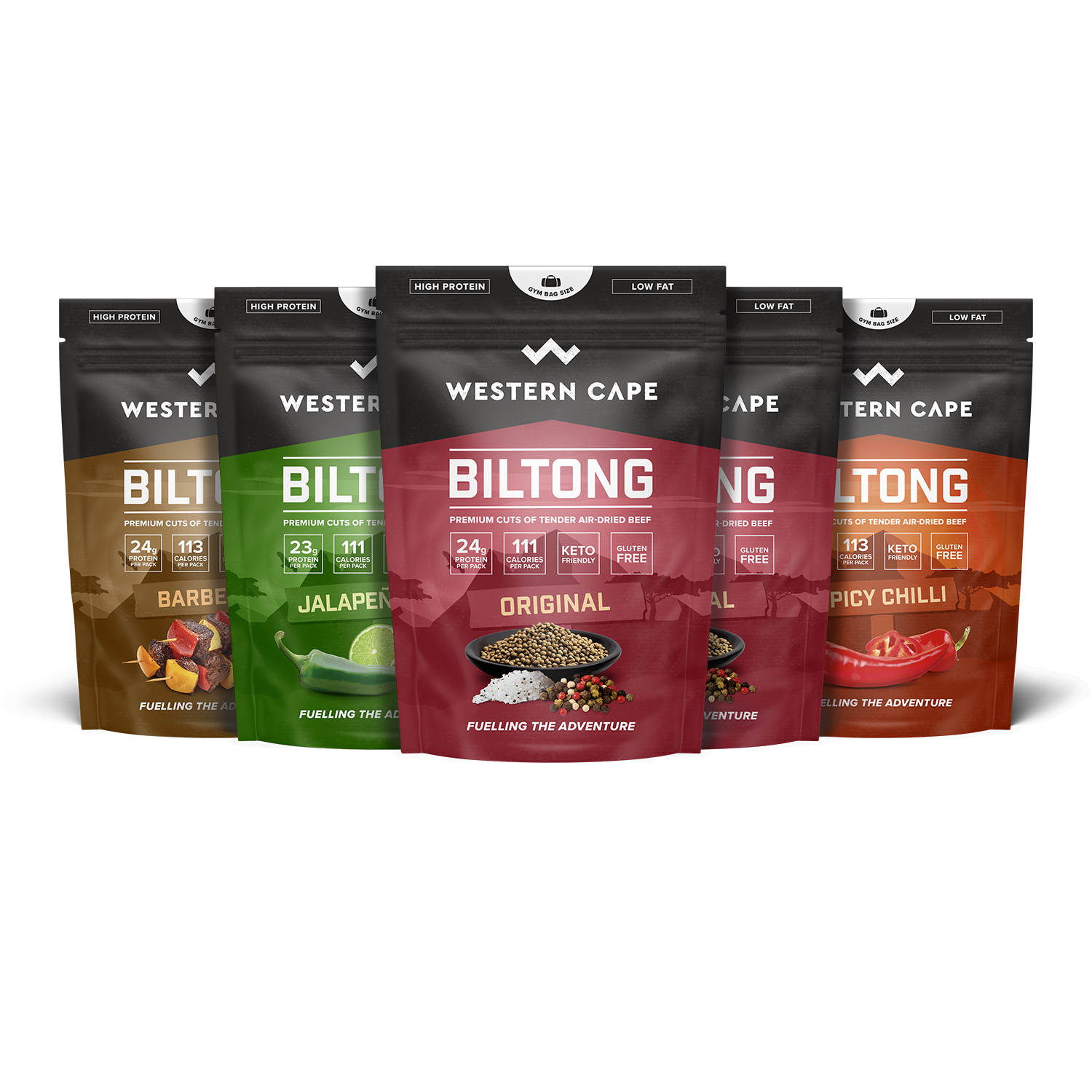 Series of five packages of Western Cape Biltong, a type of dried meat snack, with flavors including barbecue, jalapeno, original, spicy chili, and another flavor partially visible.